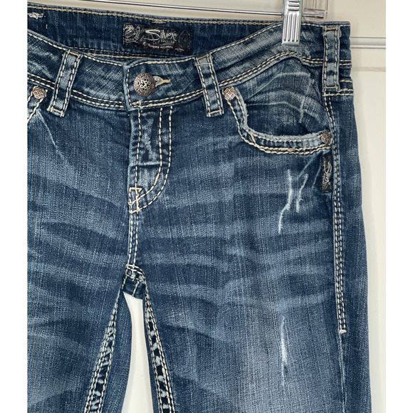 Silver Jeans Women`s Aiko Bootcut Jeans Sz 29X33L Thick Stitch Distress Cowgirl - Picture 4 of 16